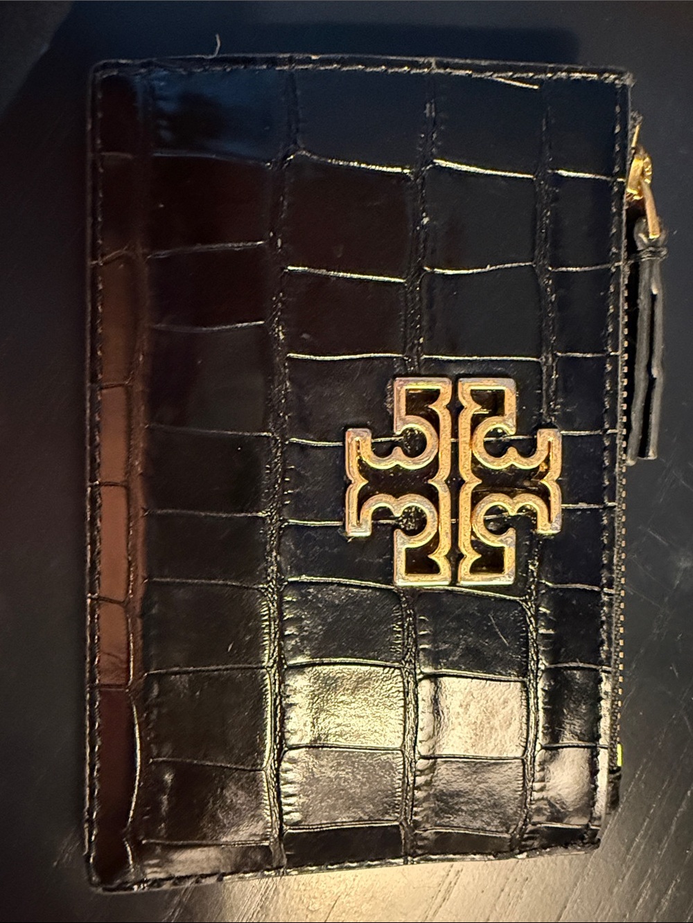 Tory Burch Black Croc-Embossed Zip Wallet with Gold Logo